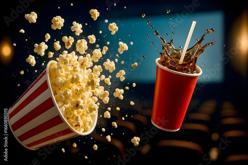 Popcorn and Soda Drinks in Movie Theater with Dynamic Splash Effect