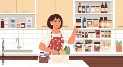 Woman in apron organizing a well-stocked pantry, holding a jar, with a sink and vegetables visible in a bright, organized kitchen.