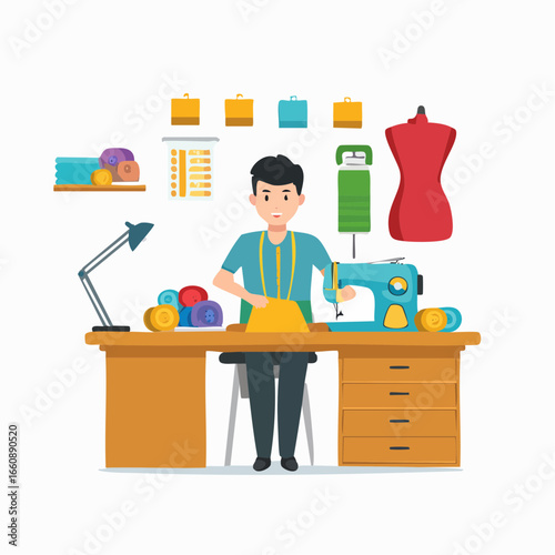 A man sitting at a desk with a sewing machine.