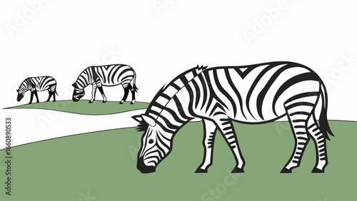 Three zebras grazing on a green meadow.