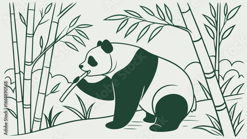 A cartoon panda eating bamboo in a bamboo forest.