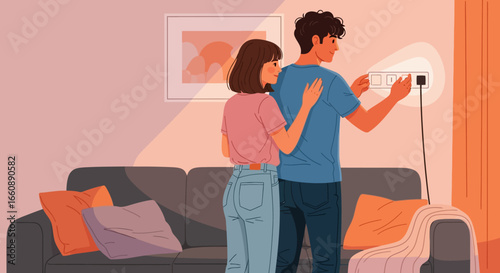 Couple embracing in living room, man adjusting wall switch, cozy home scene.