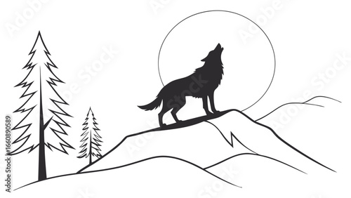 Lonely wolf howling at the full moon in a snowy forest landscape.