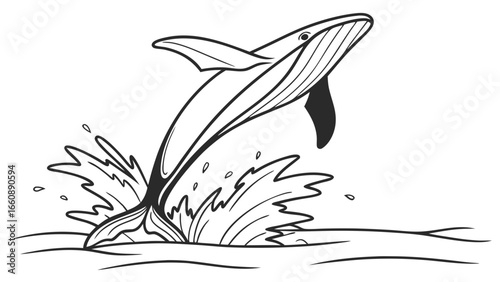 Black and white illustration of a dolphin jumping out of the water.
