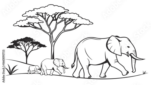 Black and white illustration of elephant family walking together in savannah.