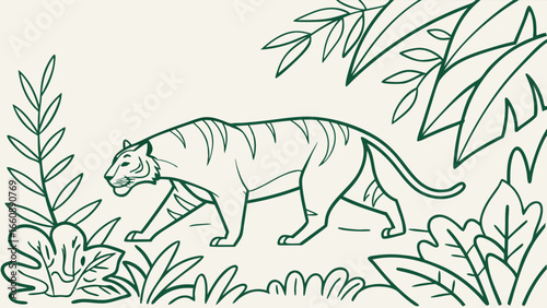 Line art illustration of a tiger walking through foliage.