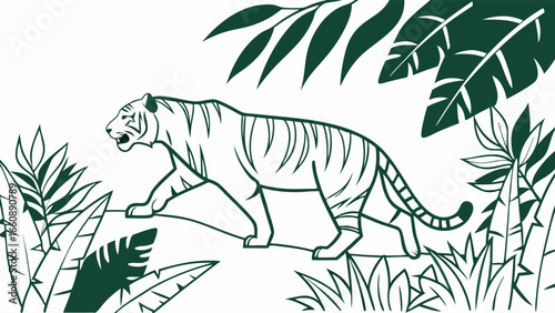 Tiger walking through jungle foliage illustration.