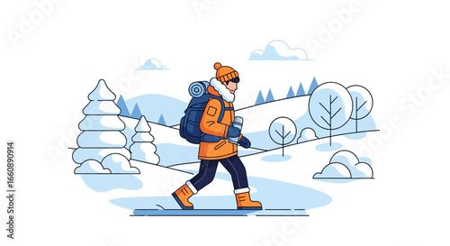 A hiker enjoys a winter trek across a snowy landscape, carrying a backpack and a warm beverage.