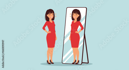 Woman looking at herself in a mirror, reflecting on her appearance.