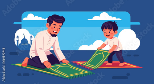 Muslim father and son preparing prayer mats outdoors for a religious observance.