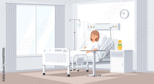 A woman sits in a hospital bed, receiving medical treatment, feeling unwell.