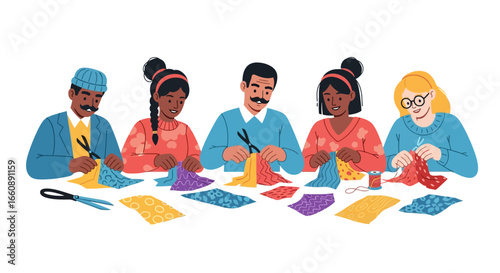 Diverse group of people engaged in crafting, using scissors and fabric.