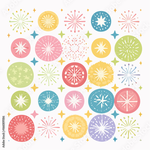 Colorful fireworks and starburst patterns.