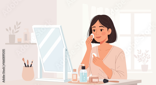 A young woman applying skincare products in front of a mirror, cleansing her face.