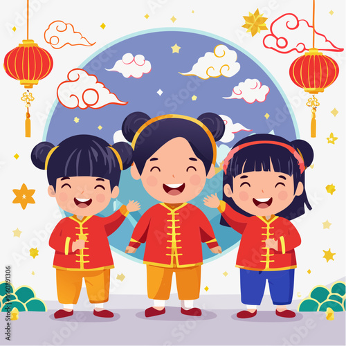 Happy children celebrating Chinese Mid-Autumn Festival.