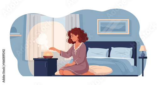 A woman with curly hair sits on a cushion in her bedroom, reaching towards a diffuser emitting steam.