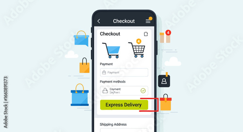Mobile phone displaying an e-commerce checkout screen with express delivery option.