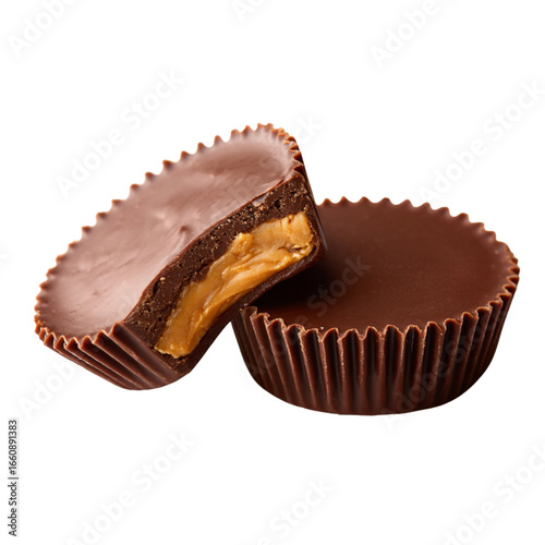 Reese’s peanut butter cups with one cut open white background,