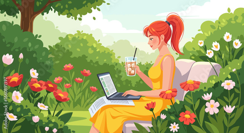 A red-haired woman in a yellow dress sits on a bench in a garden, working on a laptop and drinking iced coffee.