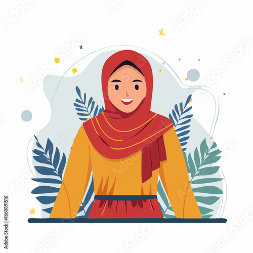 Smiling woman wearing a red hijab.