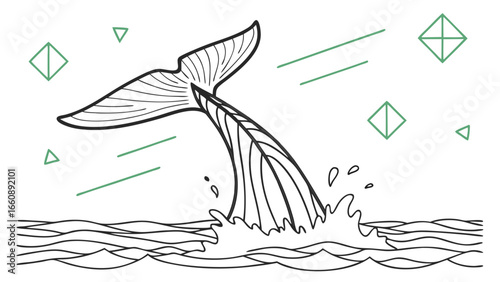 Black and white illustration of a whale tail breaching the water's surface.