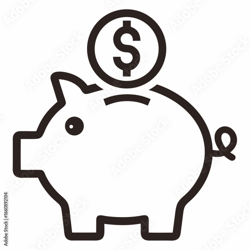 Simple line drawing of a piggy bank with a coin on top