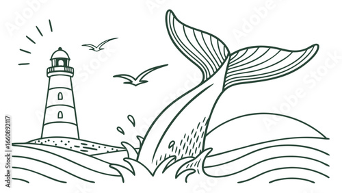 Line drawing of a whale breaching near a lighthouse with seagulls flying overhead.