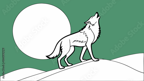 Illustration of a wolf howling at the full moon in a snowy landscape.