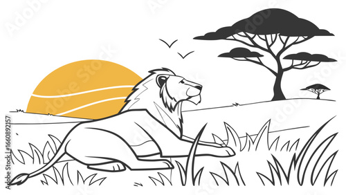 Lion resting in savannah landscape at sunset illustration.