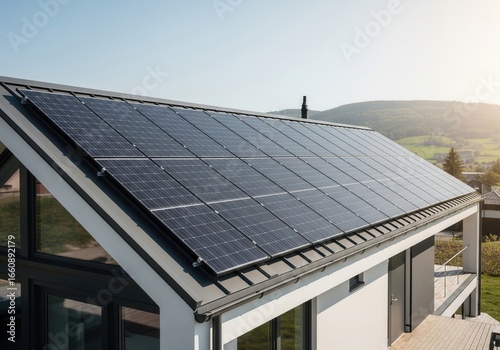 Wallpaper Mural A house with a slanted roof covered in multiple solar panels. The sun shines brightly over the building with a clear sky in the background. Torontodigital.ca