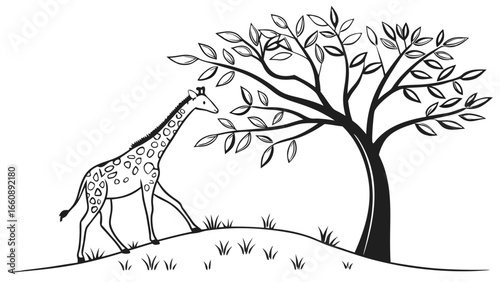 Black and white illustration of a giraffe walking towards a tree.
