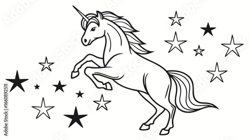 Magical Unicorn Rearing with Stars Line Art Illustration