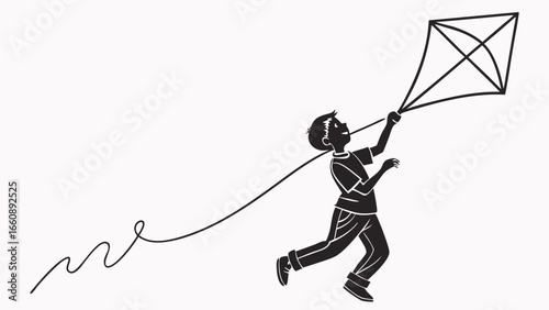 Child flying kite silhouette. Happy kid running with a kite, playing outdoors. Childhood joy, freedom, and recreation vector art.