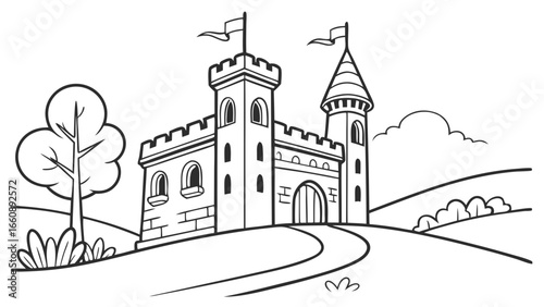 Cartoon Medieval Castle Line Art on a Hill with Path and Trees, Black and White Outline Drawing for Coloring Book or Kids' Design
