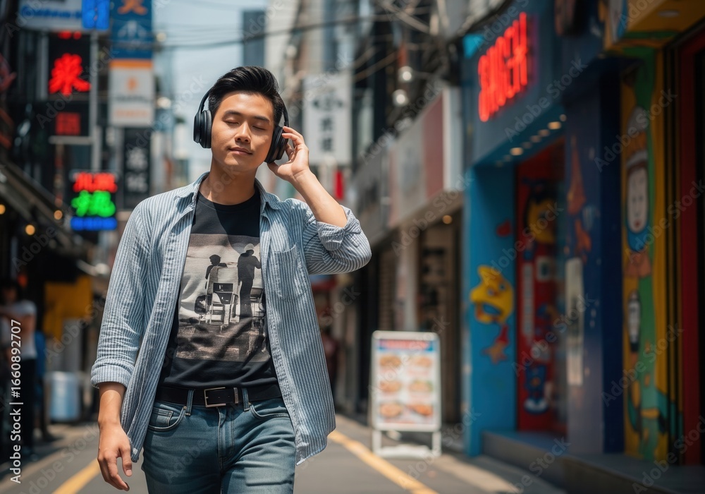 Fototapeta premium A young man with headphones on walks down a busy city street, enjoying a peaceful moment while listening to music.