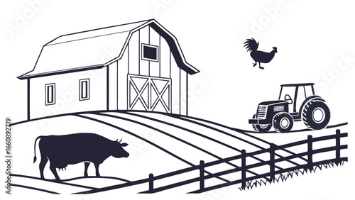 Rustic Farm Landscape Illustration with Barn, Tractor, Cow, Chicken. Rural Agriculture Vector Art.