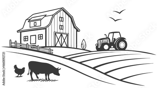 Rural Farm Scene Line Art with Barn, Tractor, Cow, Chicken, and Fields. Agriculture Landscape Vector Illustration.