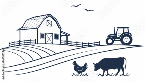 Rural Farm Landscape Illustration with Barn, Tractor, Cow, and Chicken. Minimalist Line Art of Agricultural Life