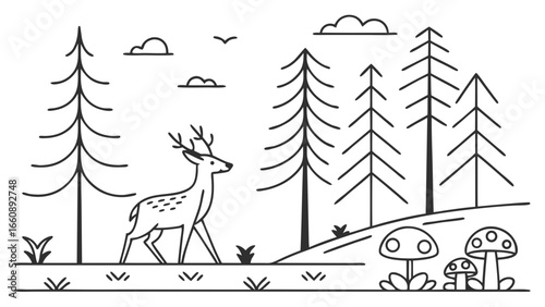 Minimalist Line Art Deer in Forest. Simple outline illustration of woodland scene with pine trees, mushrooms, and wildlife.