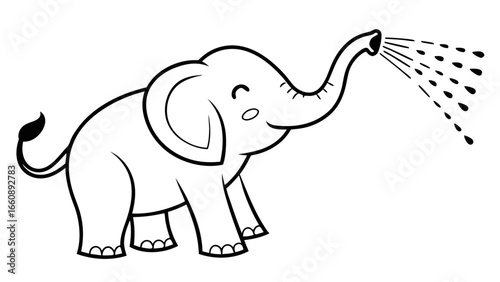 Cute Cartoon Elephant Spraying Water from Trunk - Black and White Line Art Illustration