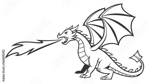 Fire-Breathing Dragon Line Art Illustration