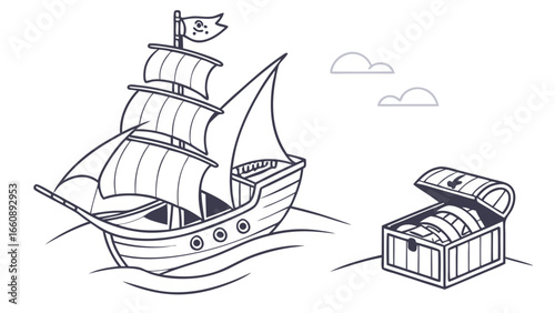 Pirate Ship and Treasure Chest Line Art Illustration. Adventure, Sea Voyage, and Hidden Riches Concept.