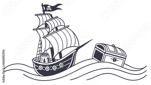 Pirate ship with Jolly Roger flag and treasure chest on waves. Black and white illustration for adventure themes.