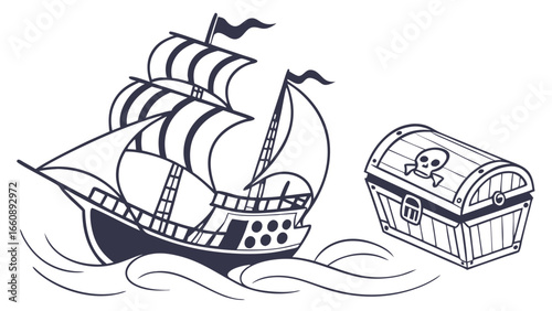 Pirate ship and treasure chest illustration. Cartoon style nautical adventure with classic maritime elements and pirate symbols.