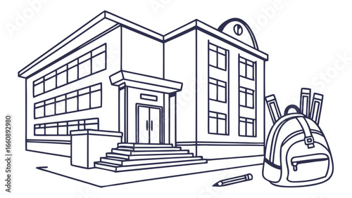 School Building and Backpack Line Art Illustration. Educational institution outline drawing with student bag and pencils, symbolizing learning and ...