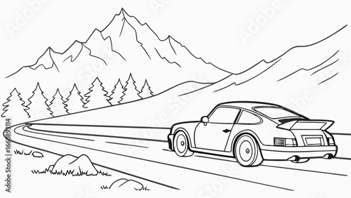 Classic Sports Car on Winding Mountain Road Line Art. Scenic Landscape with Trees and Peaks. Vector Outline Illustration for Coloring Book.