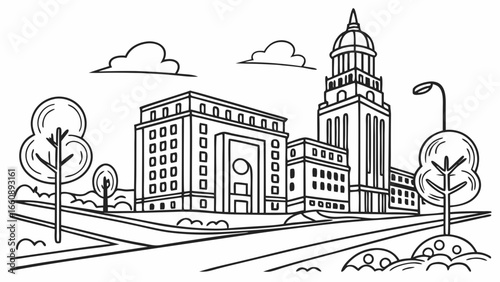 Urban cityscape line art with classic tower and modern buildings, street scene illustration
