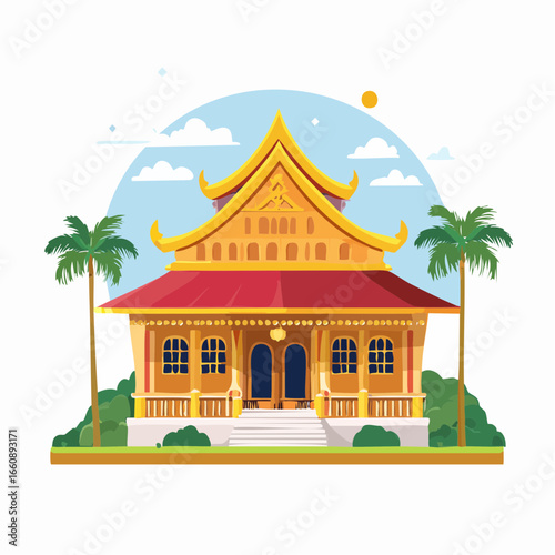 Traditional Asian Temple with Golden Roof and Palm Trees.