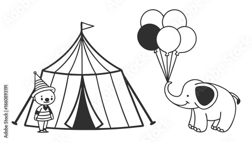 Whimsical Circus Scene Line Art: Elephant with Balloons, Bear in Party Hat, and Big Top Tent Illustration