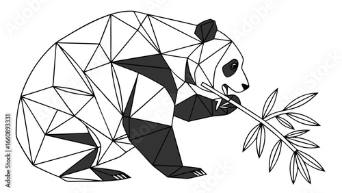 Low poly panda bear eating bamboo branch, abstract geometric animal illustration. Black and white polygonal art design with wildlife theme.
